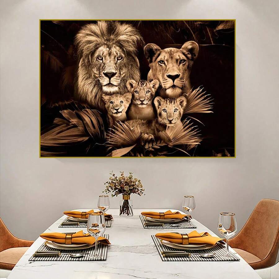 1pc Luxury Unframed Lion Family Canvas Poster, High Definition Brown Lion Family Art Print With Textured Fur Details, Modern Wildlife Style Wall Decor And Poster Suitable For Office, Man Cave - A - View 1