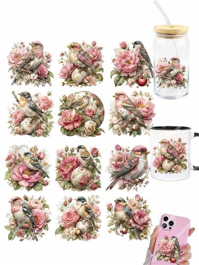 2张复古花鸟春夏DIY UV DTF可移除转印贴纸，适用于马克杯、咖啡杯、玻璃杯、花瓶、笔记本电脑、手机壳、卡片、剪贴簿、日记本、相册、家居装饰，6.8厘米