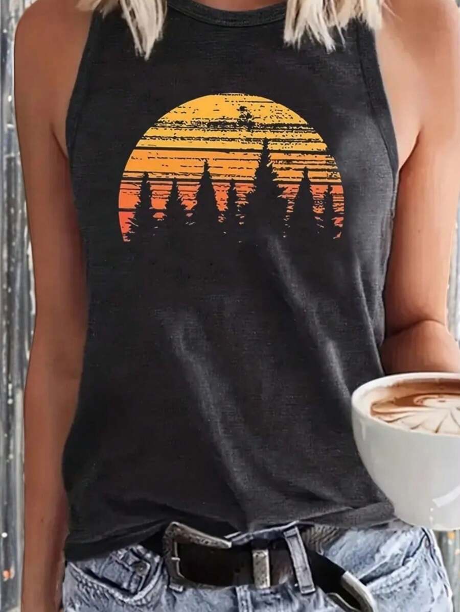 Sunset Forest Print,Women's Casual Vest,Comfortable,Suitable For Outdoor And Daily Wear,Suitable For Gifts For Friends And Family On Holidays - 灰色 - 查看 1