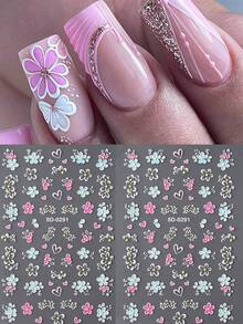 2 Sheets 5D Colorful Flower Nail Stickers, Butterfly & Rose Design, Spring/Summer Nail Art Decals, Slider Embossed Nail Decorations, DIY Nail Supplies - Multicolor - View 3