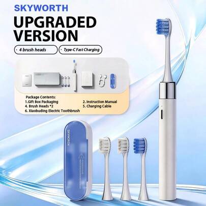  Cepillo de dientes eléctrico Skyworth Sonic, 34800 cepillados por minuto para una limpieza profunda, cepillo de dientes recargable con 4 cabezales de repuesto, cuidado de las encías y blanqueamiento, carga rápida tipo C