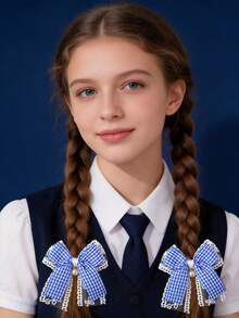 2pcs Girls' School Style Lace Bow Pearl Hair Clips, Suitable For Campus And Daily Use - Navy Blue - View 1