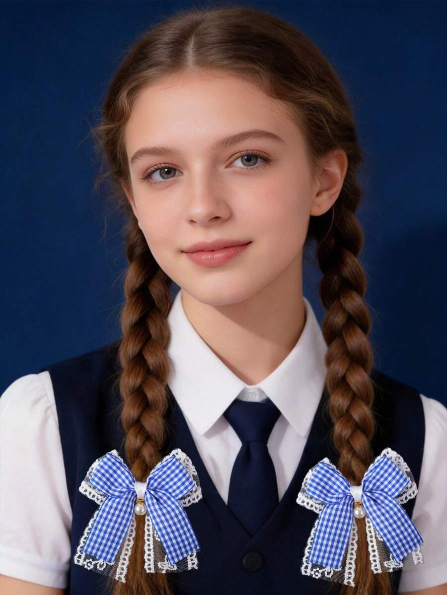 2pcs Girls' School Style Lace Bow Pearl Hair Clips, Suitable For Campus And Daily Use - Navy Blue - View 1
