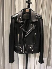 Pure Sheepskin Black Jacket With Studded Inlays, Featuring A Biker Style And A Stiff, Well - Shaped Cut. - 黑色 - 查看 8