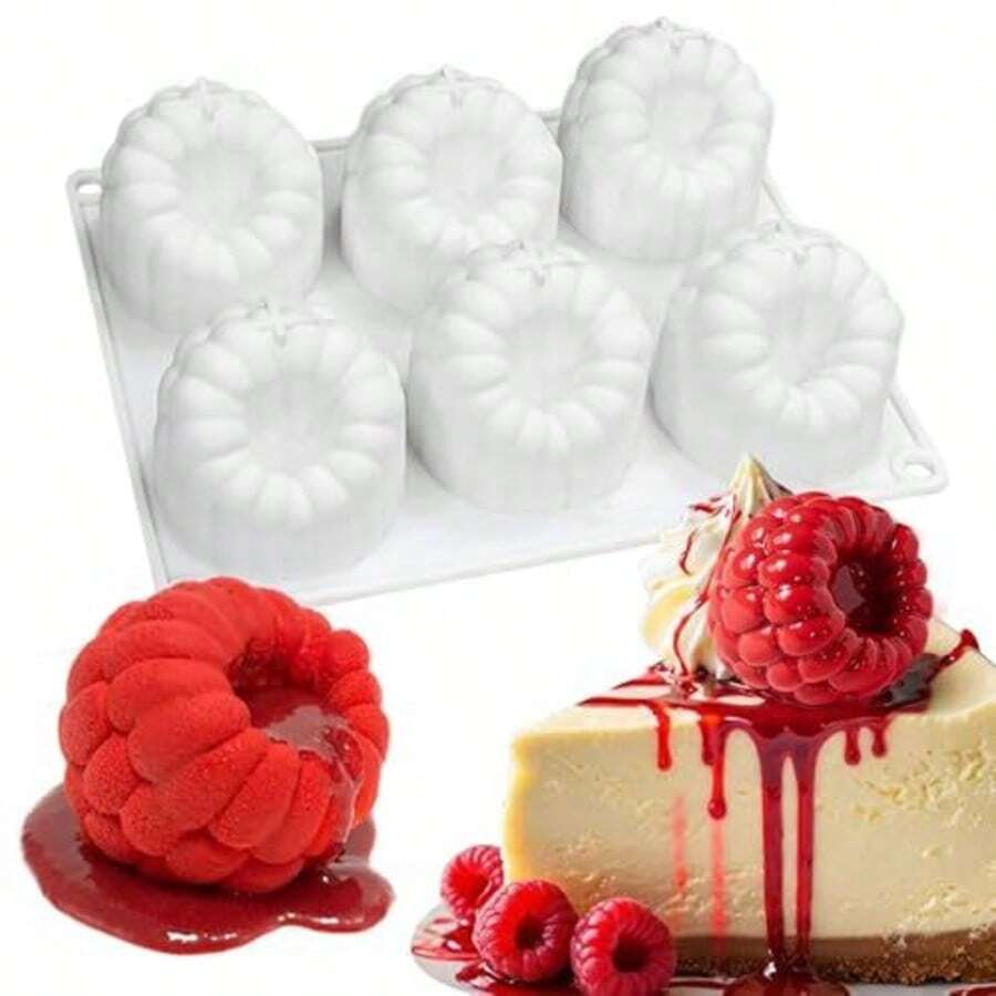 6孔覆盆子硅胶甜点模具，巧克力慕斯蛋糕烘焙模具，适用于糖果、果冻和冰块的柔性模具 - 彩色 - 查看 1