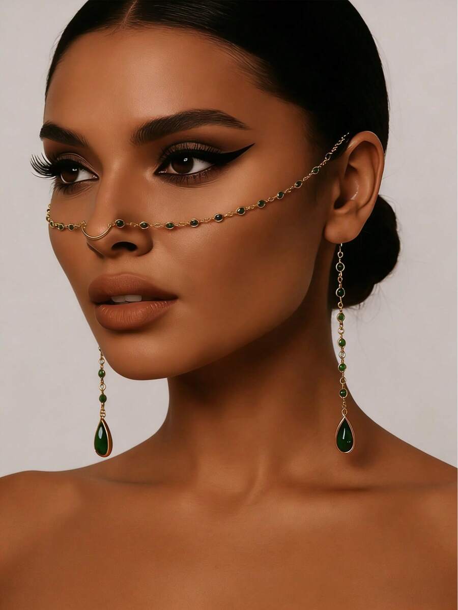 1pc Women's Fashion Green Rhinestone Face Chain, Personalized Street Style Tassel Face Chain, Facial Jewelry, Stage Accessories - Gold - View 1