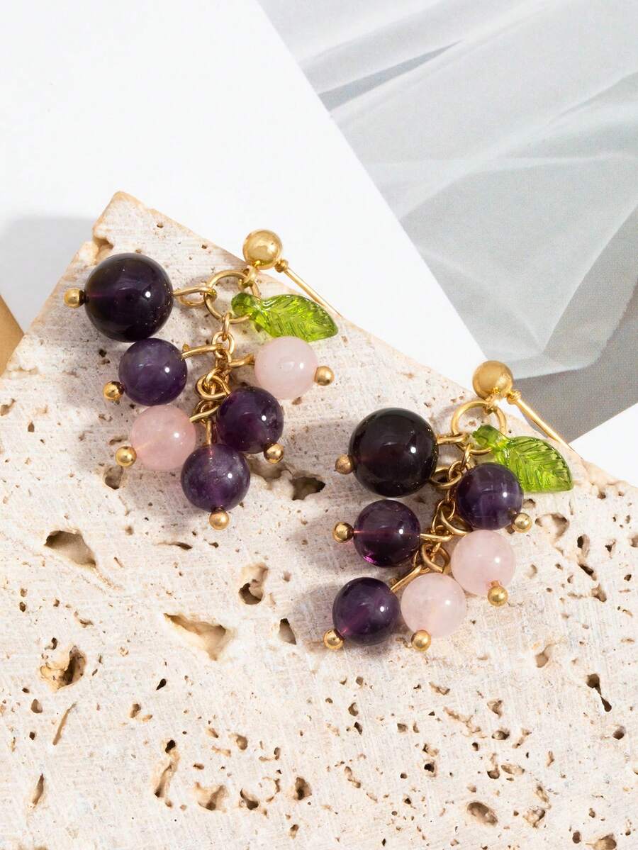 1 par de pendientes de uva morada de acrílico dulce, adecuados para uso diario, fiestas, vacaciones, regalo de joyería - Morado - Ver 1