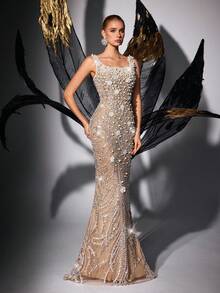 LUVISTRUE Elegant Beaded Bridesmaid Dress With Sequins, Wedding Guest Dress Vacation Party Fall - Champagne - View 2