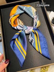 1条优雅丝滑多色拼接骏马印花方巾，尺寸27.6英寸，适合休闲、街头风、头饰、户外防晒，也可作为装饰头巾点缀您的造型。 - 藍色 - 查看 1