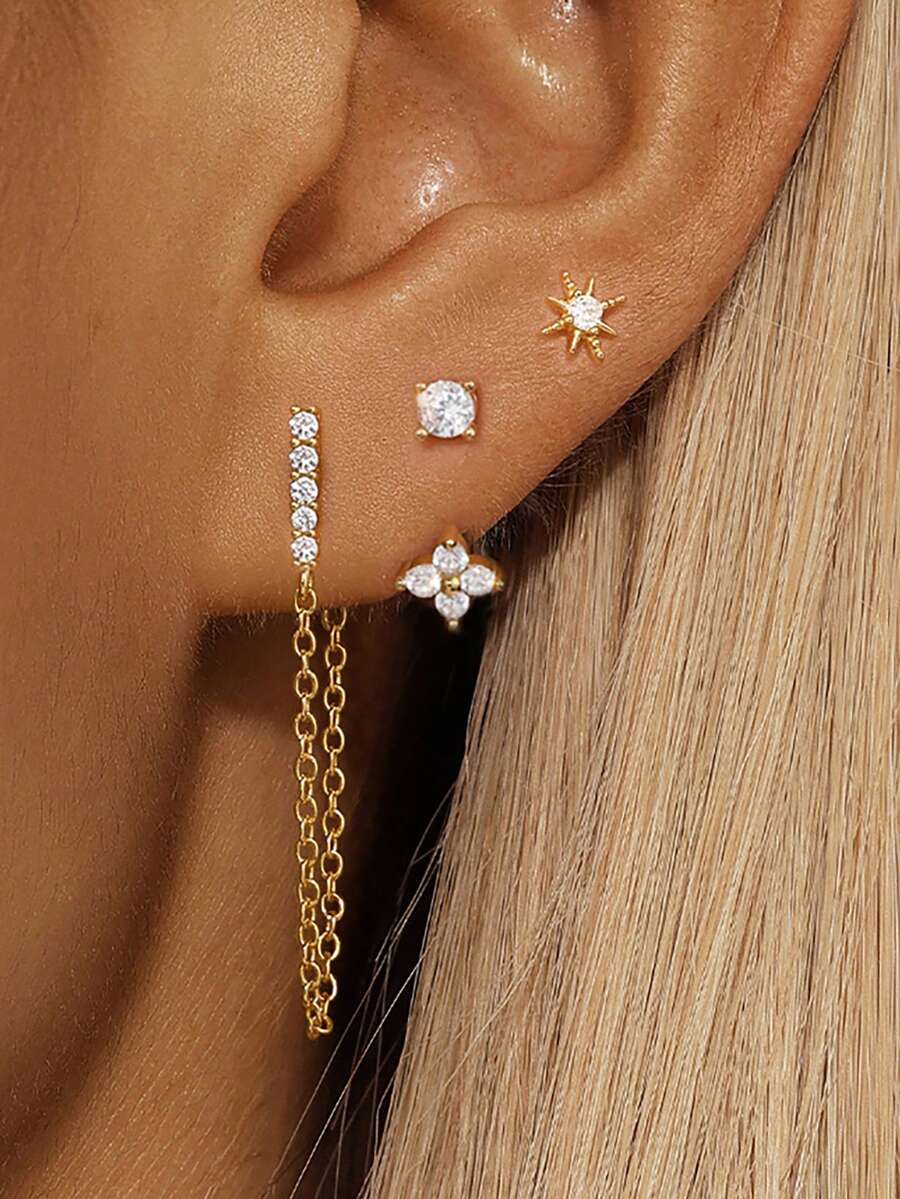 3件套奢华星形吊坠花朵耳钉,18K镀金耳环套装,女士链条圆形流苏吊坠耳环,奢华珠宝 - 3PCS-Gold-2# - 查看 1