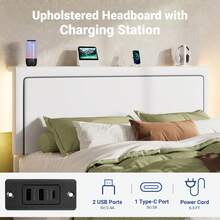 Allewie Full/Queen/King Size Lift Up Storage Bed Frame With Charging Station & LED Lights, Adjustable Velvet Upholstered Storage Headboard, Type-C & USB Ports, Hydraulic Support, No Box Spring Needed, White - 白色 - 查看 4