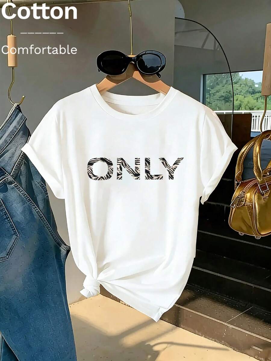 Camiseta de manga corta informal de algodón con estampado de cebra para mujer, estilo primavera/verano, top gráfico con letras, camiseta de moda veraniega. - Blanco - Ver 1
