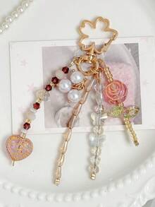 1pc Rose Flower Keychain, Sweet Heart Bag Charm, Girl's Bag Beaded Pearl Tassel Pendant Gift - Multicolor - View 2