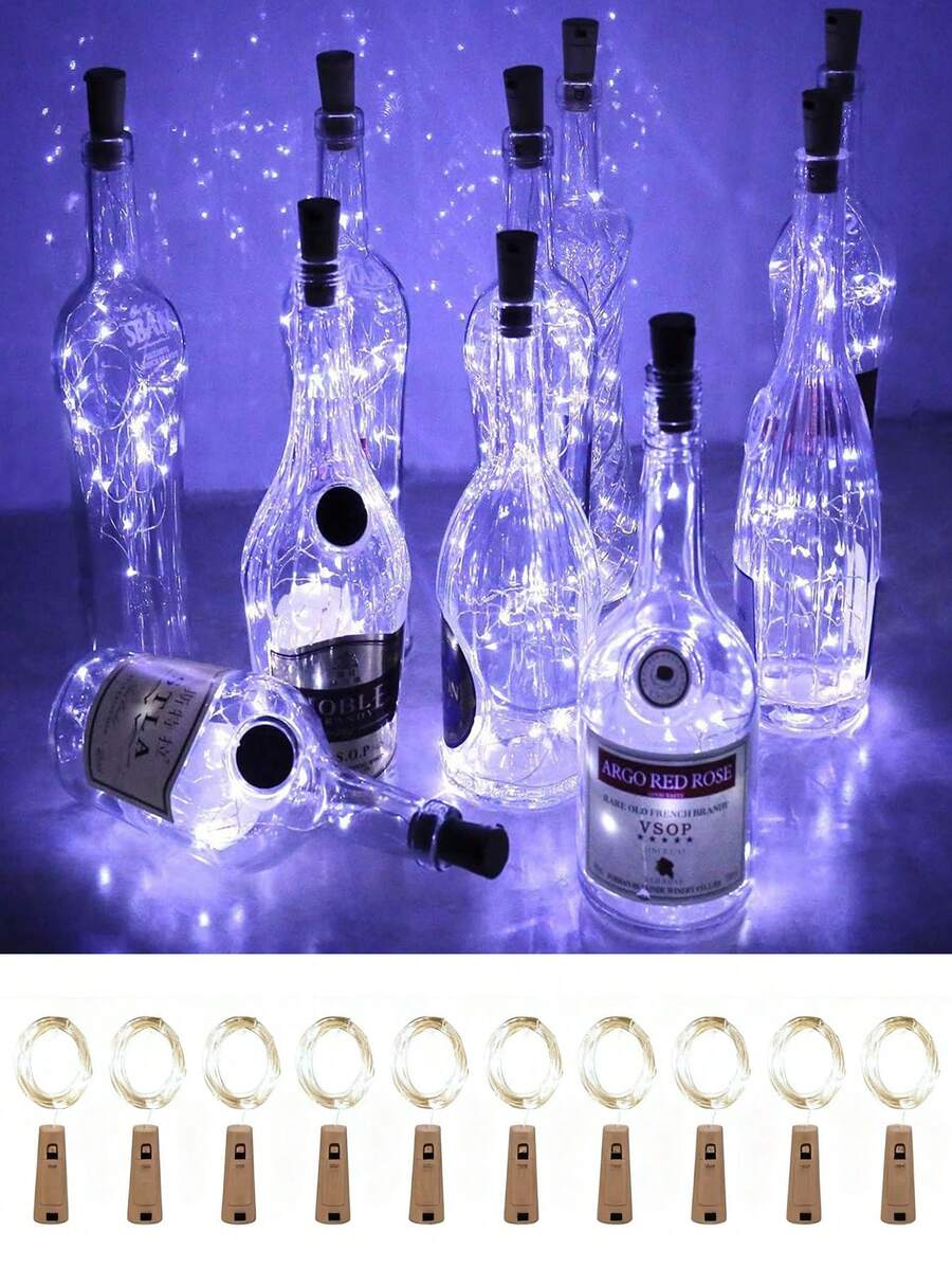 10 piezas Luces de botella de vino con corcho, luces de corcho alimentadas por batería, luces de hadas mini de alambre plateado impermeables, adecuadas para frascos de vidrio, fiestas, bodas, Navidad, días festivos, decoración de bar, decoración de Halloween, decoración de bodas, decoración de habitaciones (blanco frío) - luz blanca - Ver 1