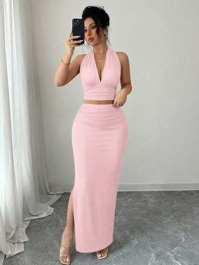 abyoxi Deep V-Neck Backless Tie Crop Top And Pleated Side Slit Maxi Skirt, Fashionable 2-Piece Set Summer