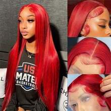 Red Bone Straight 30 36 Inch 250 Density 13x6 Lace Front Brazilian HD 13x4 Pre Plucked Wig Red Glueless Human Hair Lace Frontal Wigs - SRed - 查看 3