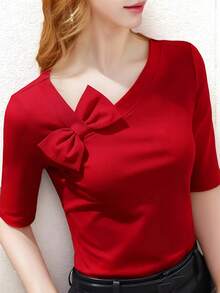2025 Neue Slim Fit Kurzarm Rotes Top, elegantes Halbarm asymmetrisches Schulter Top für Frauen, Sommer Casual - Rot - Übersicht 2