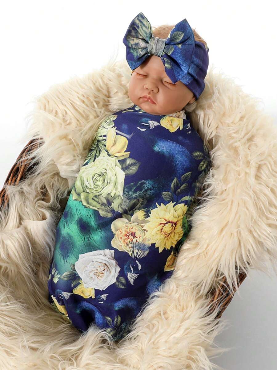 Receiving Blanket Headband Set Flower Print Baby Swaddle Blankets - Navy Blue - View 1