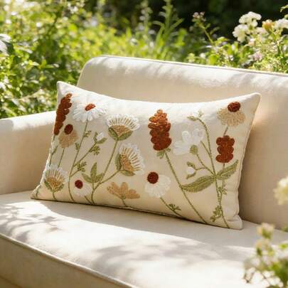 1pc Spring Embroidered Floral 12*20inch Throw Pillow Cover (Pillow Insert Not Included), American Farmhouse Style Home Decor Sofa Cushion Cover, Suitable For Bedroom, Balcony, Living Room, Dining Room, Patio, Pillow Case