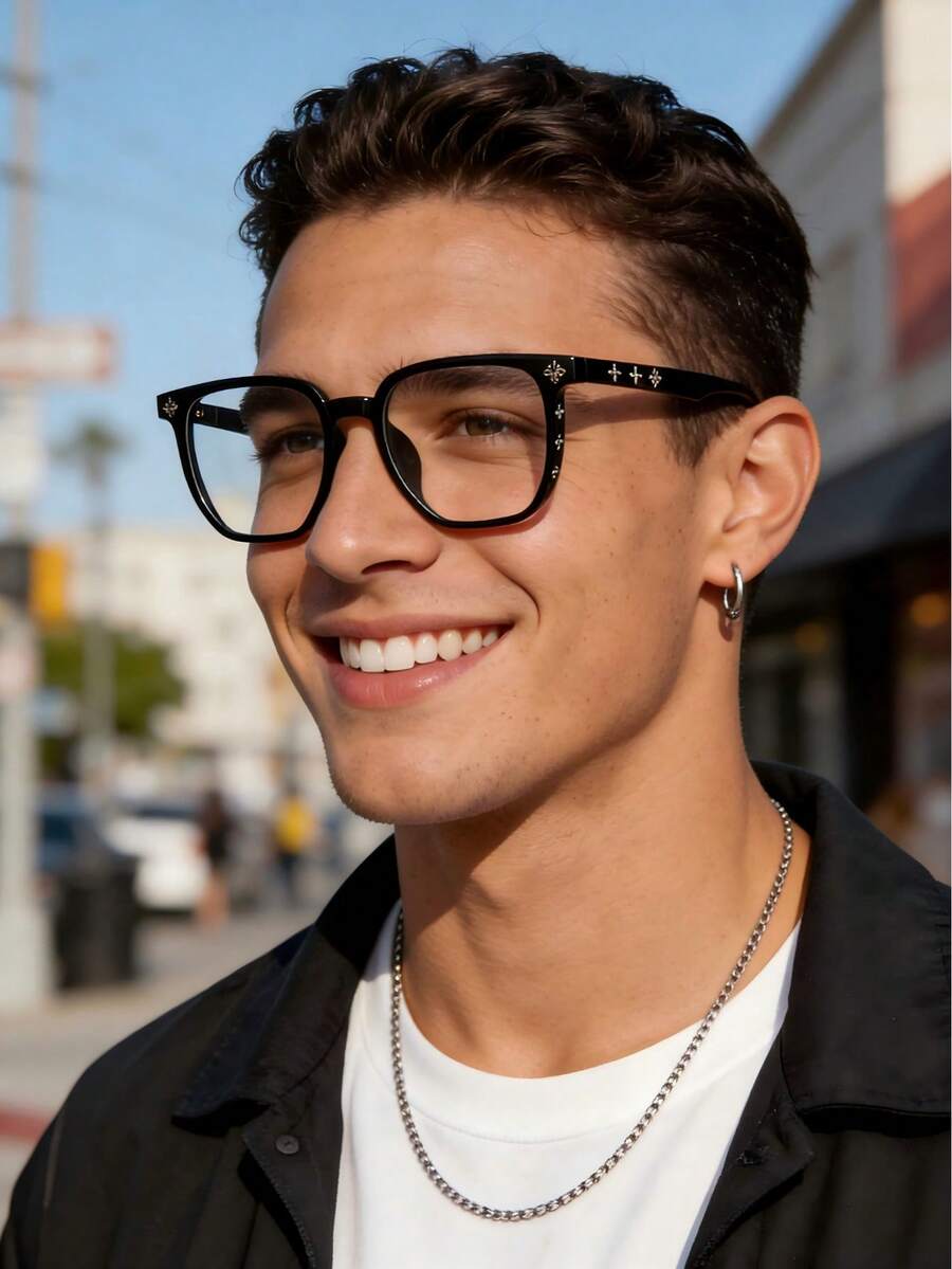 1pc Large Frame Studded Computer Glasses - Clear - View 1