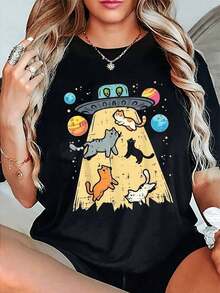 Camiseta de manga corta transpirable 100% algodón para mujeres, hacer un estilo cómico americano rápido y lindo aliens UFO llevarlo? Patrón de ilustración de gatito moe suave, moda e informal para toda la temporada de ropa de las mujeres, tejido de algodón suave y cómodo, versátil y durable para las mujeres manga corta top. - Negro - Ver 7