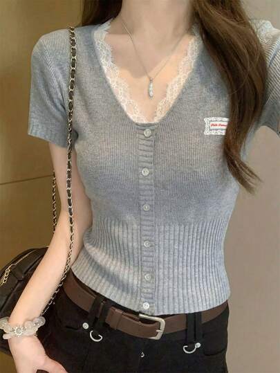 Lace Patchwork V-Neck Knitted Short Sleeved Women's Summer Design, Sweet Commuting Versatile Top