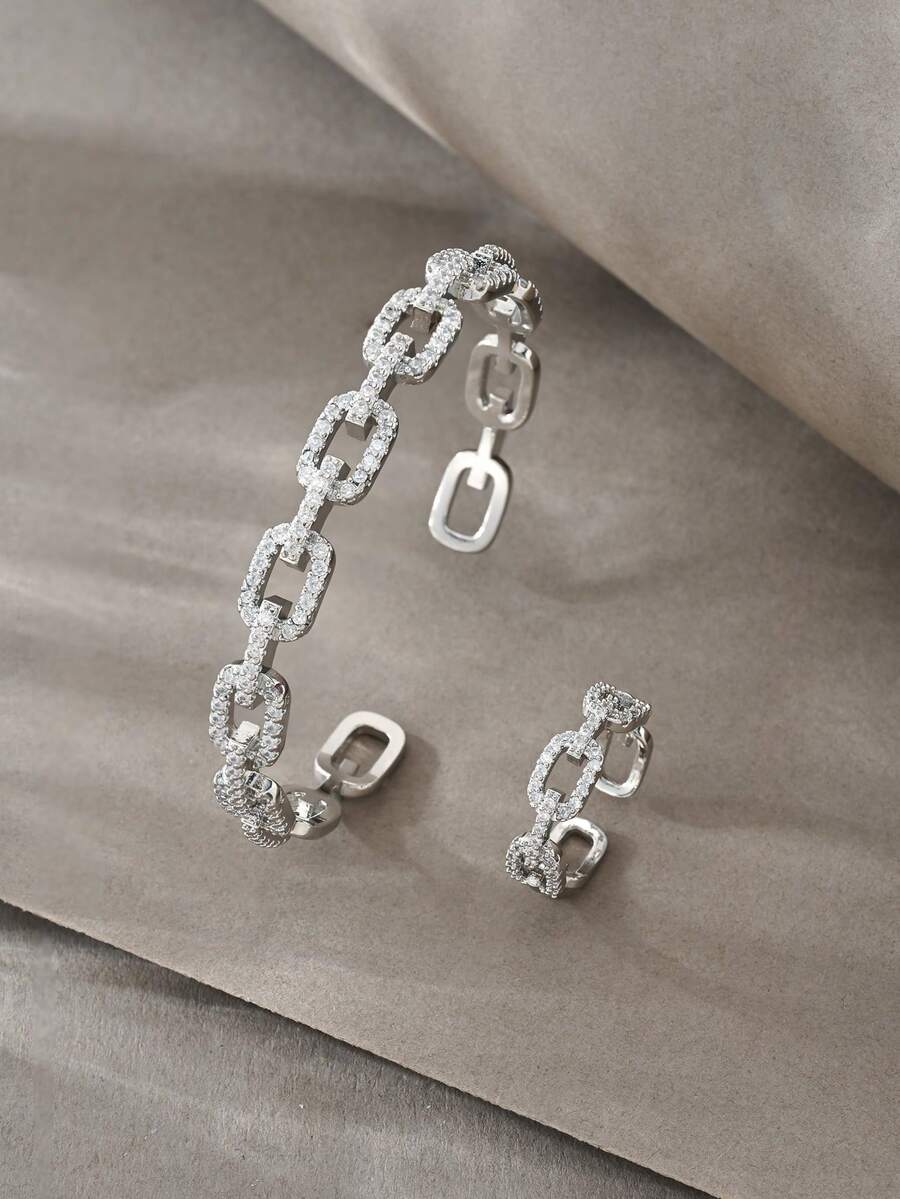 Pulsera de plata, versátil con incrustaciones de cobre y circonita, adecuada para uso diario, reuniones, citas, realza la elegancia - Plateado - Ver 1