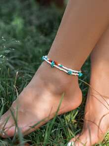 Bộ 2 chiếc vòng chân đính hạt màu ngọc lam phong cách Bohemian mùa hè dành cho nữ. - Xanh và trắng - Xem 1