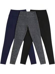 3Pcs Women High Waist Yoga Leggings With Pockets, Hip Lifting Quick-Drying Sports Pants For Running (Black/Navy/Linen Gray) - 海軍藍 + 亞麻灰 + 黑色 - 查看 2