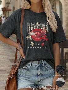 女士休闲宽松落肩水洗短袖T恤，N字母印花，水洗风格，落肩T恤，复古运动T恤，东方美学街头风2026米兰灵感印花T恤，印花图案，夏季T恤，女士T恤，上衣，夏季上衣，度假装，旅行服，沙滩风，简约度假服饰 - 黑色 - 查看 9