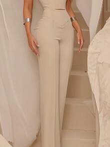 Women's Solid Khaki Minimalist Elegant High-Waisted Straight Loose Pants, Suitable For Daily Wear, Office, Festivals, And Light Social Occasions Spring - Apricot - View 6