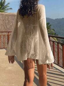 Women's Loose Casual Thin Chiffon Beach Cover Up Dress, Summer Vacation - 卡其色 - 查看 2