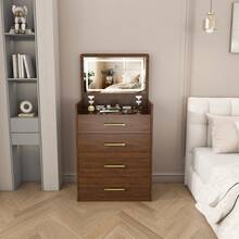 3-In-1 Dressing Table With Open Mirror, Small Dressing Table Set With Clear Glass Top, Compact Dressing Table With 3 Drawers, Bedroom Dressing Table, Dimensions: W 60/H 118/D 40 Cm. - Walnut Wood Color - View 7