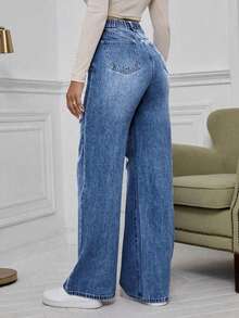 Jeans anchos de pierna ancha con efecto desgastado y ajuste holgado para adolescentes - Azul lavado oscuro - Ver 3