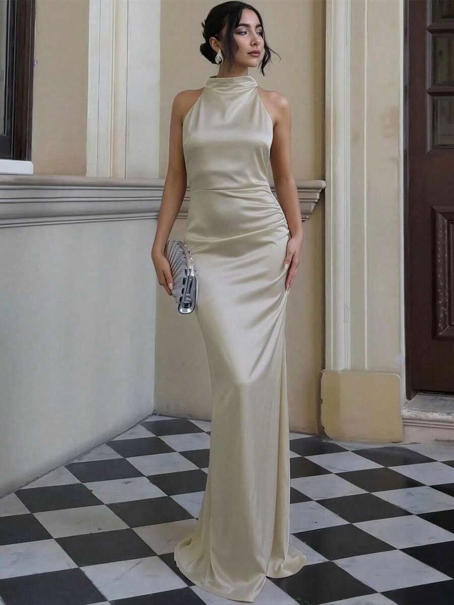 Basrey 新款杏色优雅女士纯色蝴蝶结高腰褶裥修身露背鸡尾酒会美人鱼连衣裙，适合婚礼、派对、约会、情人节及其他场合，春季款。