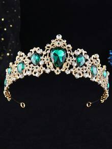 1pc Baroque Style Water Drop Glass Crown Bridal Headpiece, Birthday & Growth Gift Accessory - Green - View 4