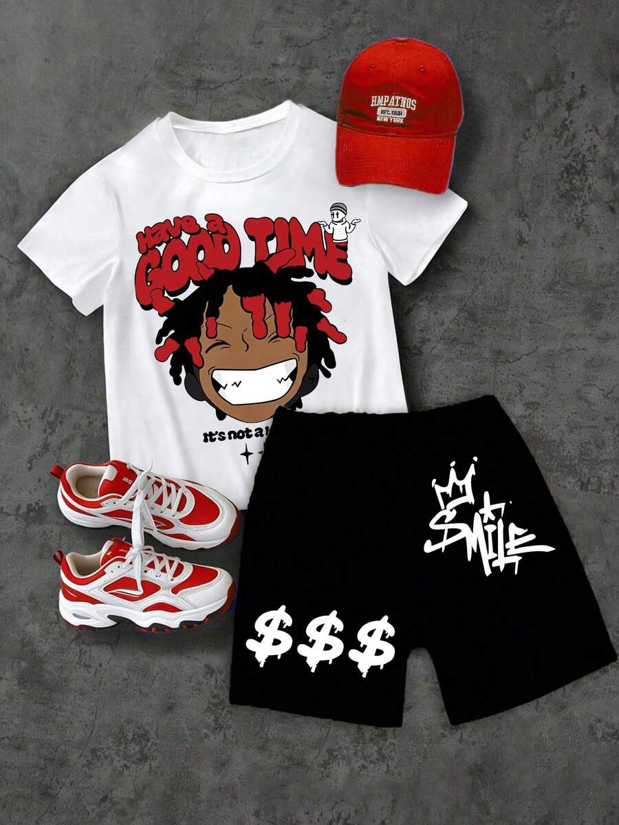 Conjunto de camiseta de manga corta con estampado de dibujos animados y pantalones cortos de verano para niño preadolescente - Blanco - Ver 1