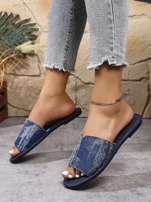 大码女士纯色拖鞋，休闲露趾平底夏季鞋，轻便套脚凉鞋 - 藍色 - 查看 3