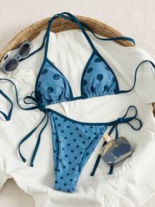 PEPPERMOLLY Summer Refreshing Blue & White Polka Dot Bikini, Spaghetti Strap Tie Triangle Cup Swimsuit, Slim Fit Whitening Girly Style Swimwear Suitable For Swimming Pool And Beach Vacation - Blue - View 2