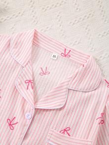 3pcs Women Bubble Crinkle Striped Bow Print Open Front Pajama Set - Baby Pink - View 3