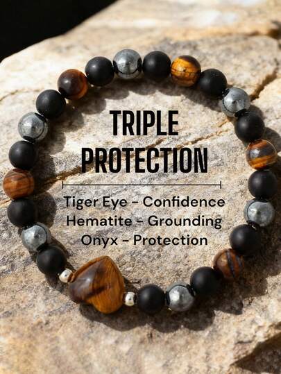 Retro Heart-Shaped Bracelet With Brown Pink Crystal Tiger Eye Beads And A String Hand Chain