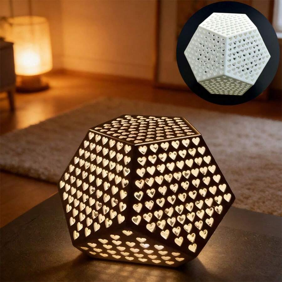 1个白色心形十二面体灯罩，3D打印几何灯罩，带有600多个心形镂空，浪漫心形阴影投影，创意几何照明（不含光源） - 半圓形 - 查看 1