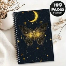 1本A5螺旋装订笔记本 - 1本精美星月螺旋装订笔记本 - 金色蝴蝶图案，适用于旅行、日记、学习、办公 - 送给女性的理想礼物，充满魔力的笔记本，个人记事本，神秘设计，艺术封面设计 - 母亲节、圣诞节完美礼物 - A5 - 查看 6