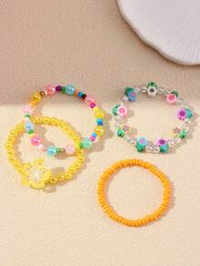 4pcs/Set Girls Cute Polymer Clay Butterfly, Flower, Fruit, Sun, Cloud Beaded Bracelet Set, Suitable For Girls Daily Wear And Gifting To Friends - Multicolor - View 2