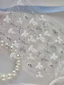 1pc 5D Rhinestone Bow Nail Art Stickers Inlaid Diamond White Sliver Long Ribbon Minicure Decorations Decals - Multicolor - View 4