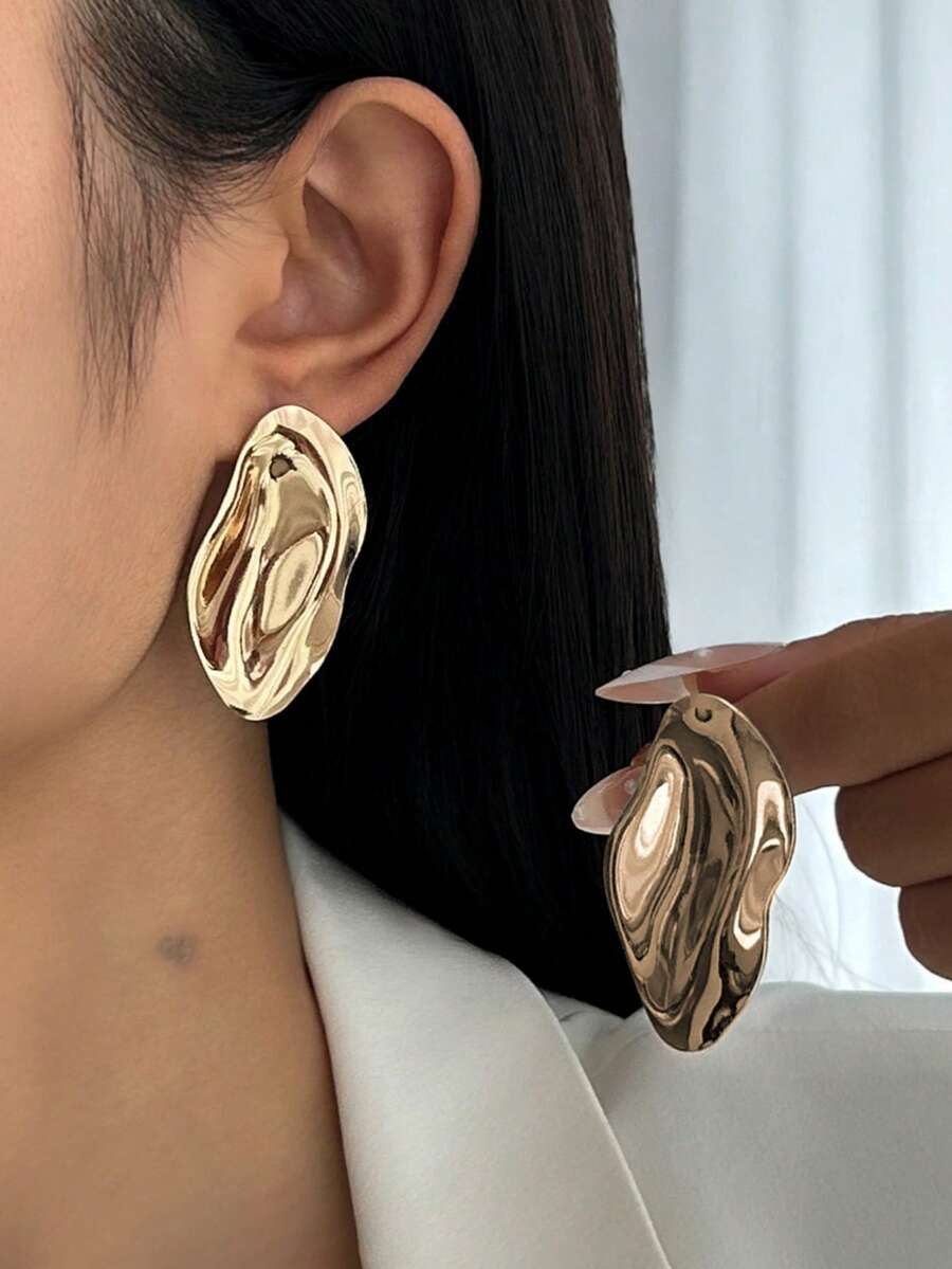 一对独特、夸张、不规则的金色椭圆形耳环 - 多色 - 查看 1