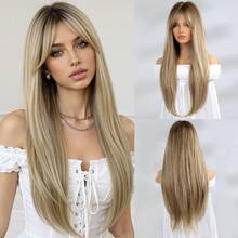 Ombre Linen Gold Long Straight Synthetic Wigs For Women Natural Wave Wigs With Bangs Heat Resistant Cosplay Hair - Multicolor - View 13