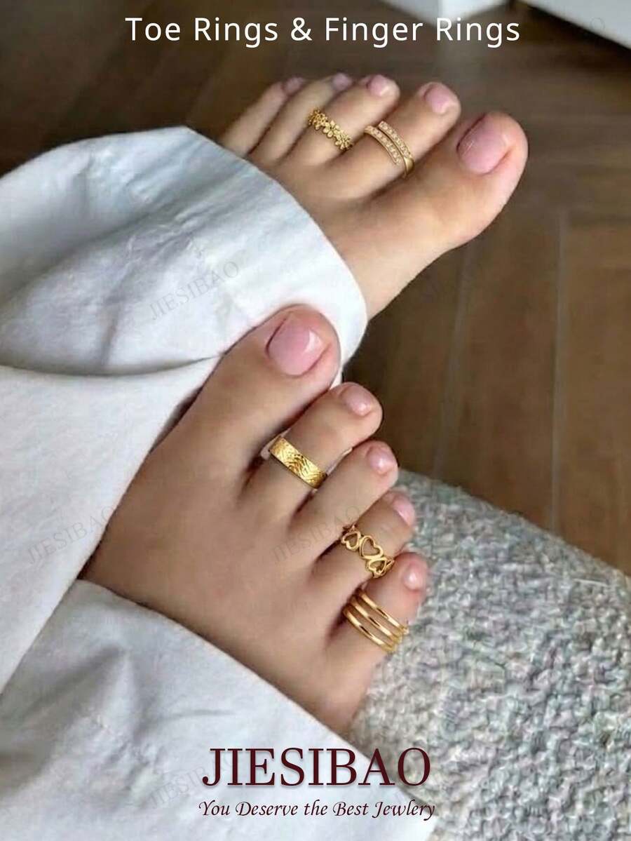3件套女士脚趾环，防褪色，可调节花朵镶嵌锆石，精致小巧，夏季沙滩露趾环套装，脚趾饰品，足部饰品 - Golden and Silvery - 查看 1