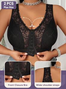 MEIYATING 2pcs Plus Size Women Front Closure Bra Floral Lace Hollow Shoulder Strap Lightweight Vest Style Sexy Wireless Lingerie White - Multicolor - View 5