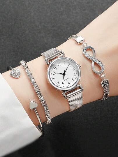 这款奢华闪耀的女士石英腕表及手链套装，属于女士配饰系列，包含一枚纤薄的圆形白色表盘石英腕表和一条镶满水钻的心形及无限符号银色手链。银色网状表带尽显精致优雅。作为一款实用腕表及珠宝套装，它适合各种场合，例如新年、日常通勤等。